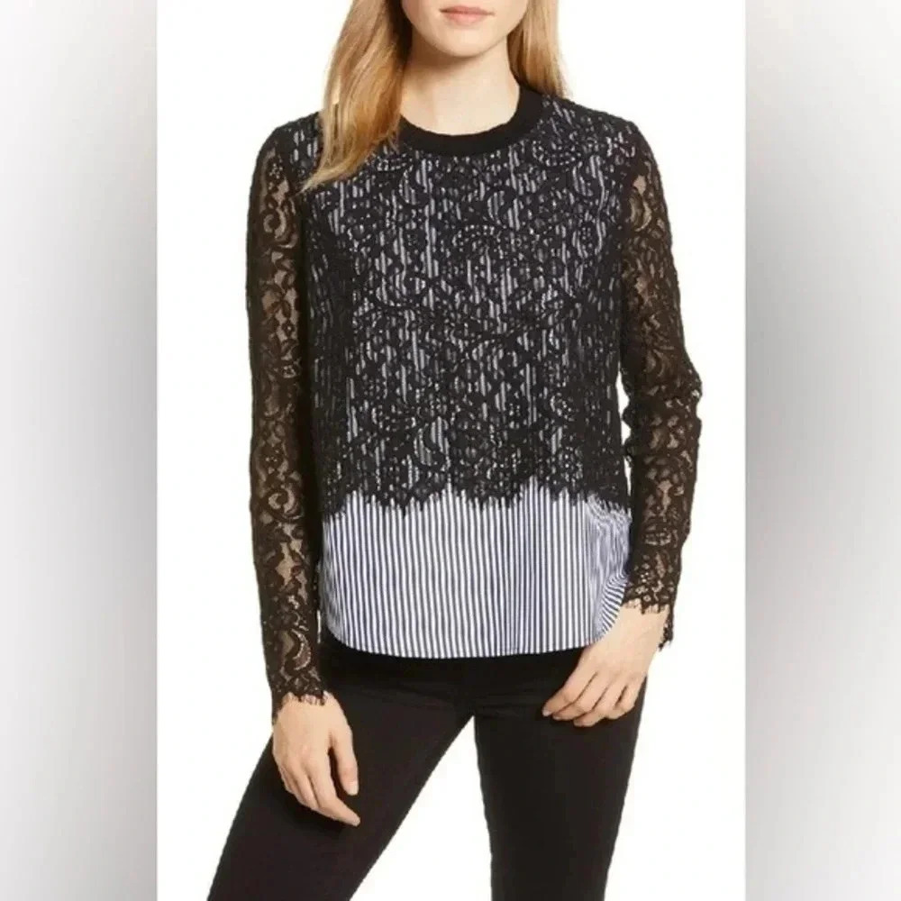 Vineyard Vines Cotton Solstice Stripe Black Lace Blouse Women’s Size S Small